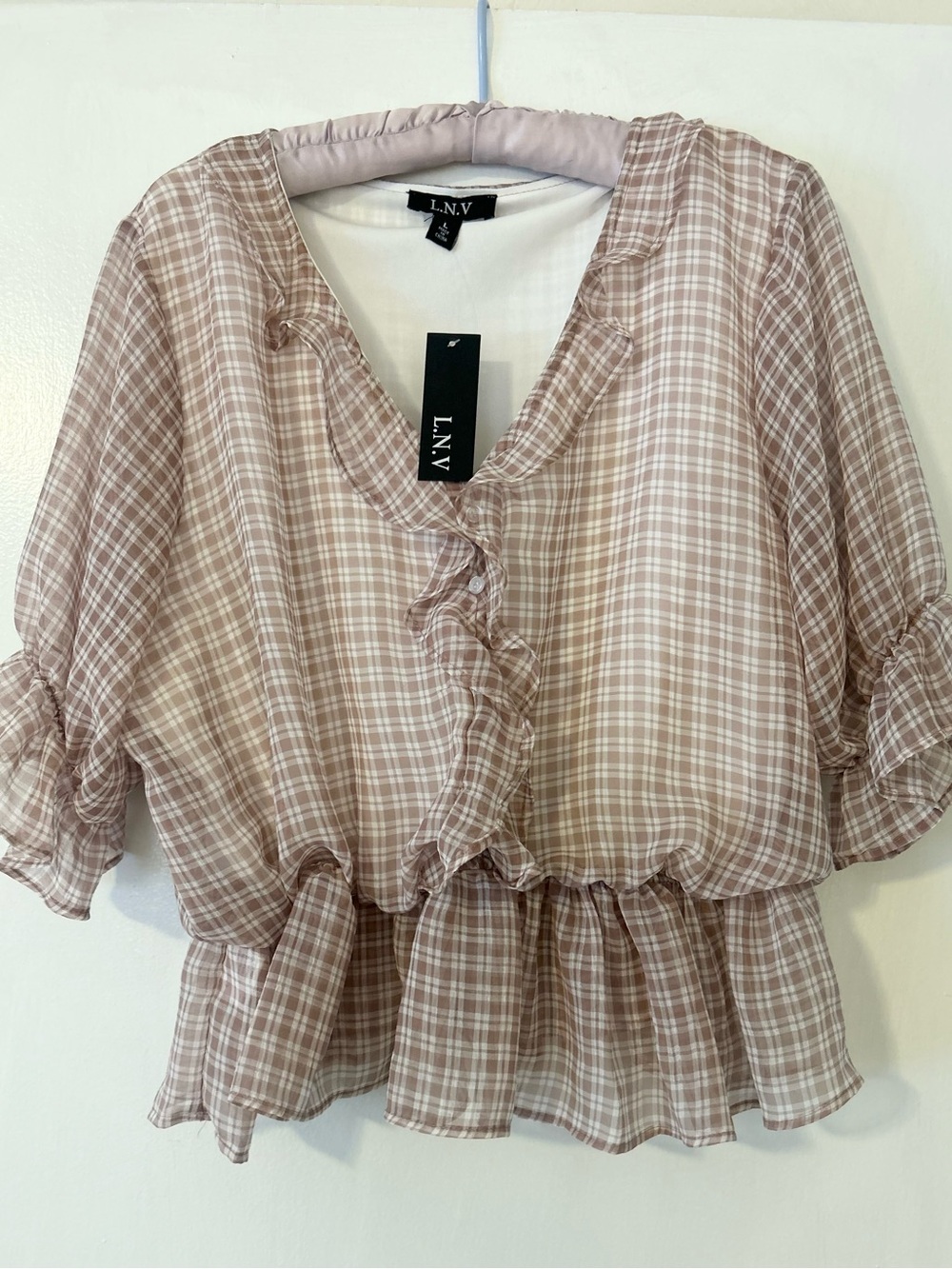 Plaid Ruffle Peplum Blouse in Light purple fall